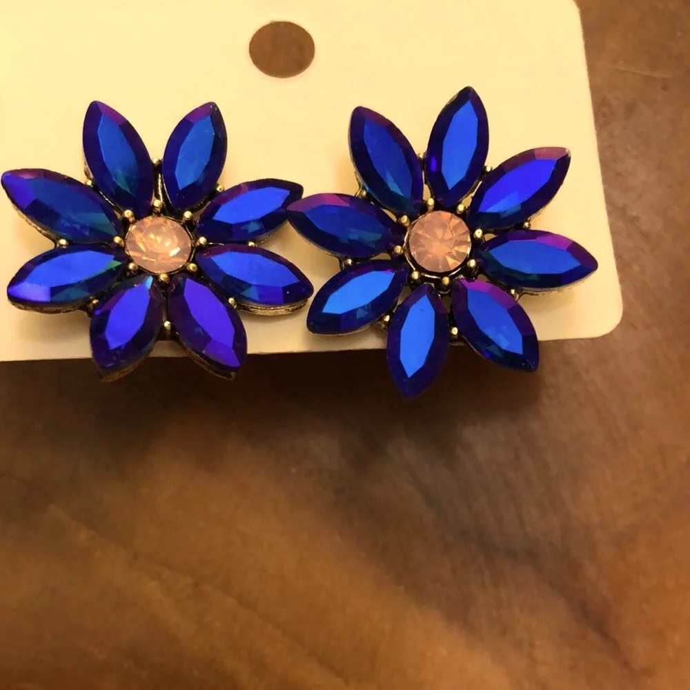 Violet Blue Aurora Borealis + Pink Opal Gold Crystal Flower Statement Earrings